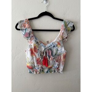 Raga Womens XS Floral Ruffle Crop Top White Tassel Smocked Chiffon R4503 NEW